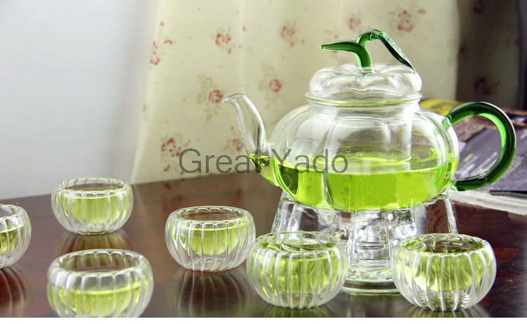 1 pumpkin shape glass teapot 600ml 6 double wall tea cups 1 heating base 8pcs set
