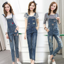 2016 New Free shipping Plus size Korean New Womens Jumpsuit Denim Overalls Casual Skinny Girls overalls Pants Jeans Holes