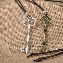 2016 new arrival fashion long leather key pendant vintage necklace women men jewelry leather rope necklaces