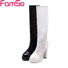 Size34-43 2016 Women Summer Boots Black White High Heels Shoe Platforms Pumps Lace Fashion Women’s Dress Knee Boots SBT3475