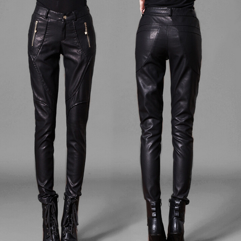 Popular! Women Pencil Pants Zipper Pockets Women Leather Pants Lady