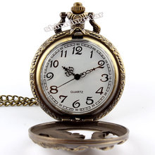 Free shipping Bronze Wolf Hollow Quartz Pocket Watch Necklace Pendant Women Men s Gifts P256