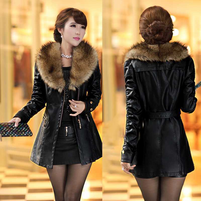 High Quality 2015 Autumn Winter New Style Slim Long Sleeve Fur Collar Women Coat Jacket Overcoat Leather Jacket Plus Size H4669