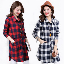 Plaid Blouse Women Long Sleeve Cotton Blouse Shirt Turn-down Collar Casual Shirt Dresses Plus Size 3XL Long Shirt Dresses