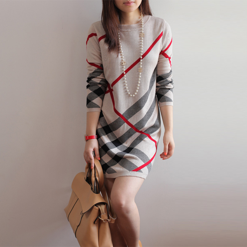women winter dress new 2014 women's wool knitted large size long-sleeve stripe one-piece warm wool sweater dress