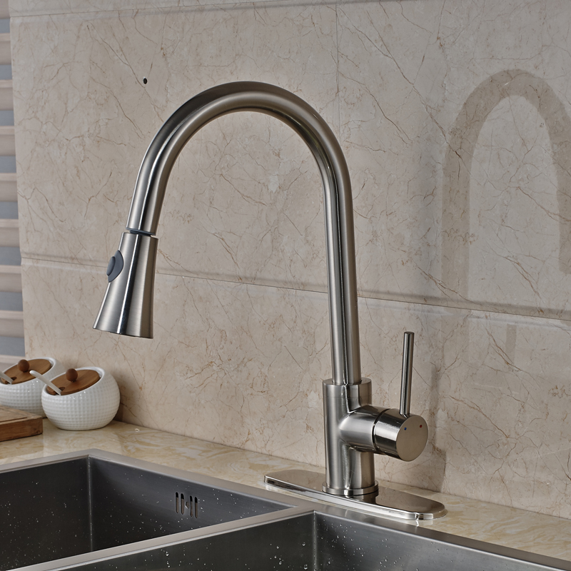 Nickel Brushed Finished Pull Down Kitchen Sink Faucet Swivel Spout Mixer Tap With Cover Plate Nickel Brushed Finished Pull Down Kitchen Sink Faucet Swivel Spout Mixer Tap With Cover Plate