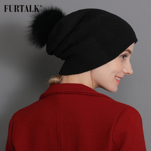 FURTALK Warm Women Winter Wool Hat Fur Pom Pom Hat Slouch Hat