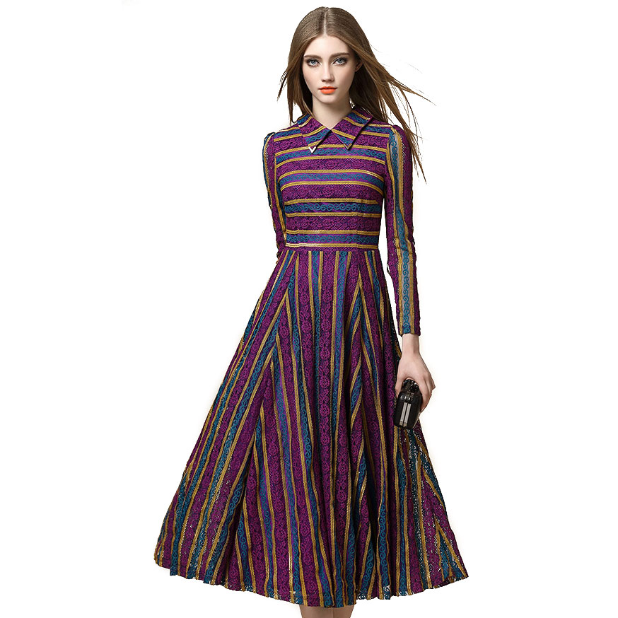 Women Striped Lace Dresses 2016 Spring New High Quality  Long Sleeve Turn Down Collar Long Flare Vestidos De Renda 1965