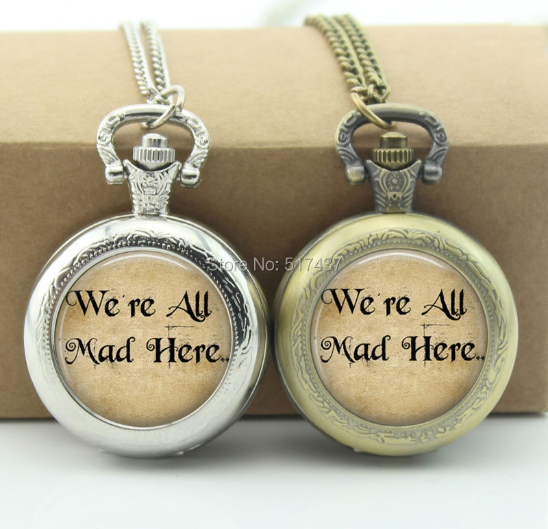 WT-0078 A1-Alice In Wonderland Necklace We are all mad here glass dome art pendant , alice bronze necklace with gift box-