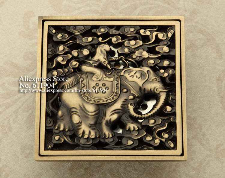 Elephant Carved Antique Brass Bathroom Bath Wetroom Square Shower Floor Drain Trap Waste Grate With Hair Strainer 3782142