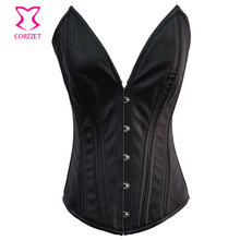 Black Leather Double Steel Boned Overbust Corset Steampunk Waist Training Corsets and Bustiers Sexy V Neck Gothic Corselet Korse