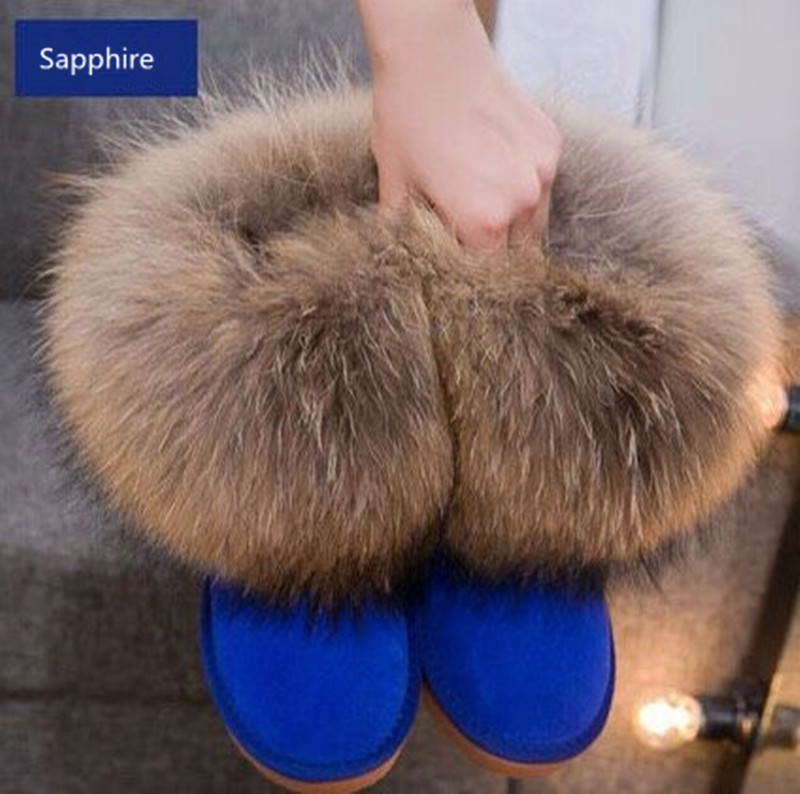 Winter Natural Real Big Fox Fur Gneuine Leather Recoon Fur Snow Boots Women Low Short Tube