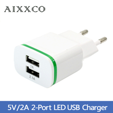 5V 2A EU Plug LED Light 2 USB Adapter Mobile Phone Wall Charger Device Micro Data Charging For iPhone 5 6 iPad Samsung Wholesale