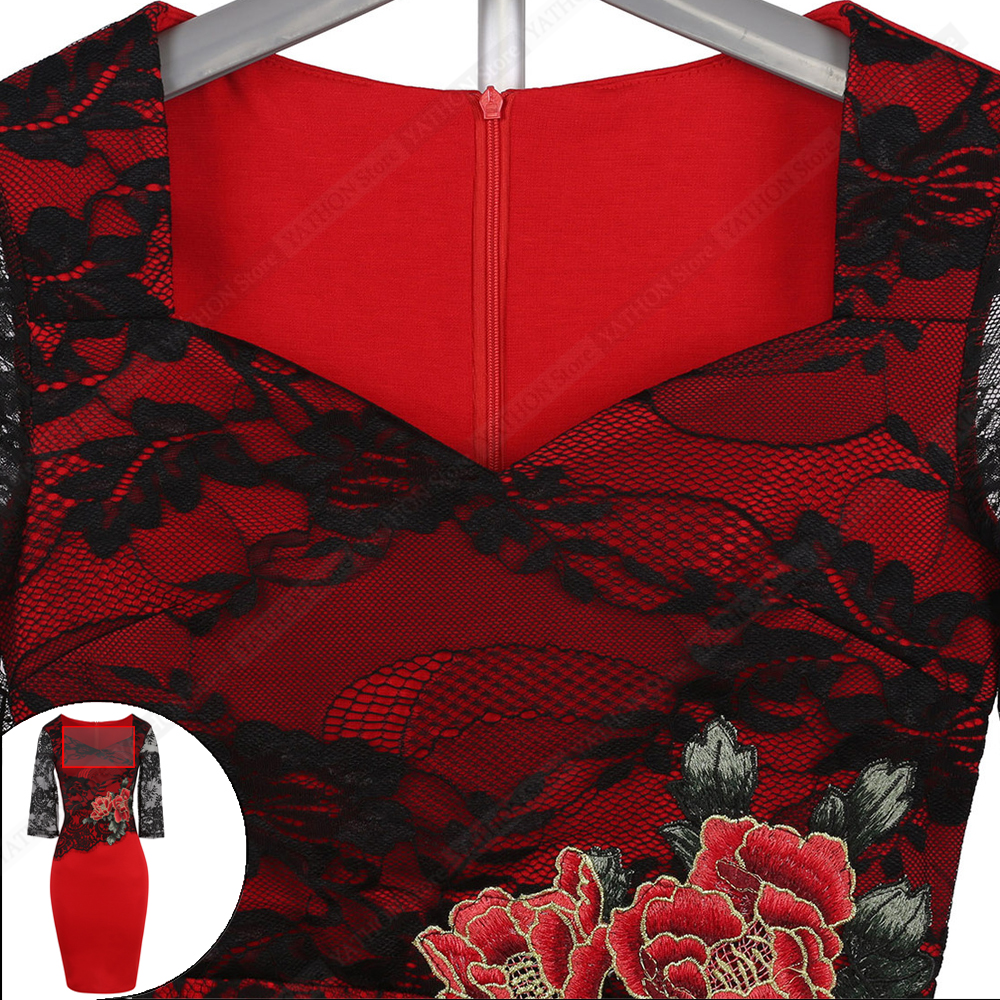 2 YATHON Plus size 5XL Embroidered Lace Bodycon Dresses For Womens Floral Pattern Hollow Out Pin Up Business Work Office Casual Sheath Pencil Special Occasion Pro