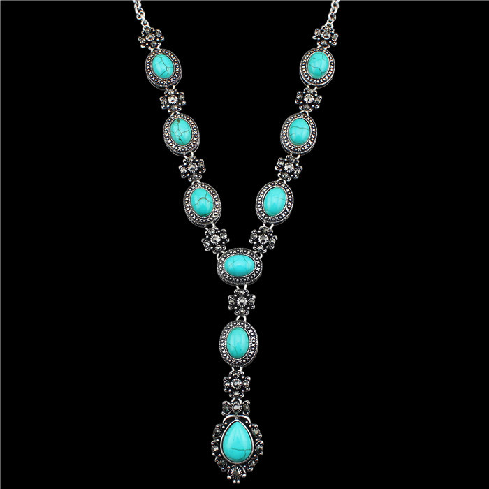 Fashion Jewelry Tibetan Style Antique Silver Plated Rhinestone Real Turquoise Flower Pendant Necklace TN211