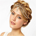Women Gold Plated Tassel Chain Headband Indian Boho Beaded Head Piece Wedding Head Hair jewelry