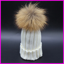 2014 Fashion Children Winter Raccoon Fur Hats 100% Real 15cm Fur pompom Beanies Cap Natural Fur Hat For Kids Children