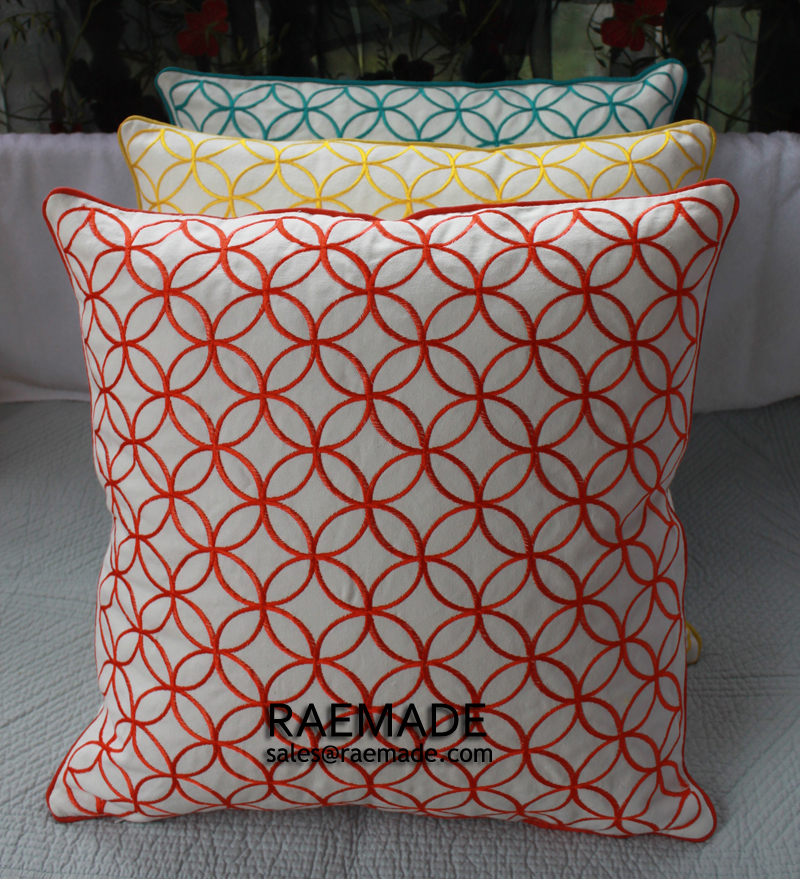 Yellow or Coral Red Embroidered Decorative Pillow Circle Bed Pillow 100% Cotton Canvas Cushion ...