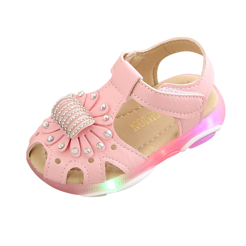 ❤️Rolayllove❤️ Children Baby Girl Crystal Flower Closed Toe Led Light Luminous Sport Sandals Sneaker Shoes