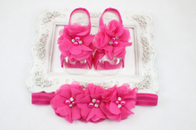 2015 New Baby Girl Flower Shoes with Flower Headband First Walkers Newborn Toddler Barefoot Shoes 1