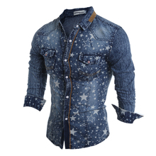 Men Long Sleeve Print Jeans Shirt Cotton Slim Fit Denim Shirts Male Cowboy Camisa Jeans Masculina Spring Casual Clothes