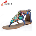 Women Flat Roman Sandals Large 41 New 2015 Bohemian Beaded Gemstone Summer Shoes SIZE 34 41