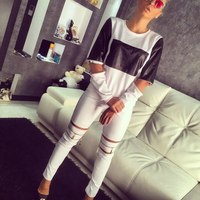 Hot New 2015 Fashion ladies Autumn Winter Sports Clothing Sexy Hollow Out PU Stitch Hoodie Set Women Sport Suit With Zipper