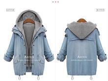 Hot Sale 2015 Autumn Women Casual Two Piece Hoodied Jean Coat Plus Size Thick Windbreaker Outwear Coat A82180
