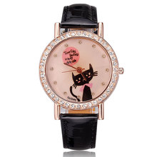 Watches ladies rose gold leather strap crystal rhinestones cute cat fashion casual designer purple women clock