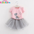Keelorn Girls Clothing Sets lovely girls flower decorated white t shirt pink skirt with rhinestone for