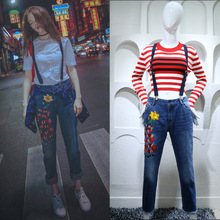 The spring and summer of 2016 star Ni Ni with embroidery snake strap Jeans Girl white shirt T-shirt casual suit