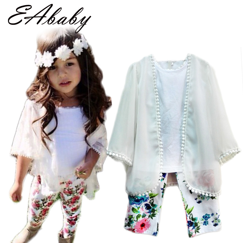 2015 Summer style New Fashion Icon Girls outfits Chiffon coat Vest Floral Pants clothing sets all