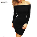 Vancol Plus Size 2XL Above Knee Mini Pencil Bodycon Cotton Black Slash Neck Female Vestido Sexy