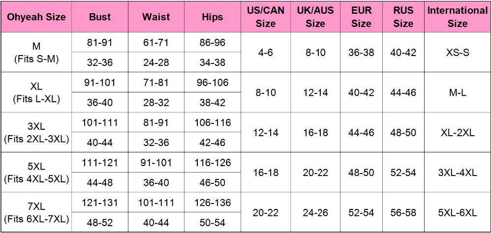 Ohyeah Lingerie Size Chart