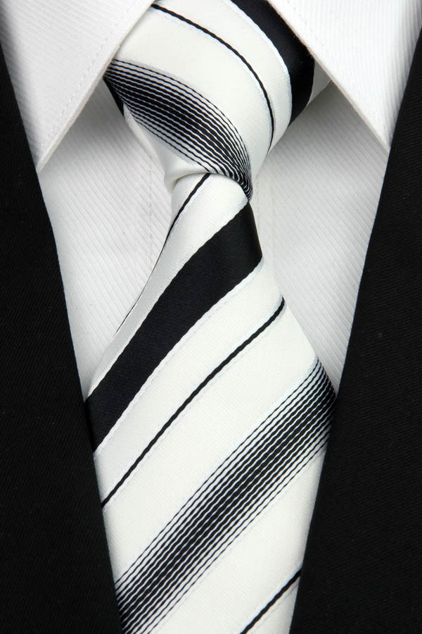 NT0207 White Black Stripe Jacquard Woven Smooth Silk Polyester Mans Classic Business Wedding Party Fashion Tie