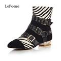 Woman Genuine Buckle Ankle Boots Autumn Winter High Heeled Pointed Toe Horsehair Woman Work Boots Metal