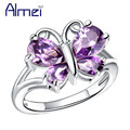 Almei Fashion White Purple Stone Butterfly Rings for Women CZ Diamond Jewerly Trendy 2016 Rose White