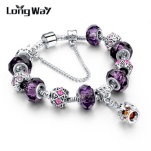 LongWay 2016 New Style 925 Silver Allure Bracelet For Girls Royal Crown Bracelet Purple Crystal Beads Diy Jewellery SBR150299