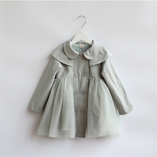 2015 Kids Girls Tulle Lace Trench Coats Baby Girl Fall Ruffle Princess Outwear Girl Double breasted Cotton Top babies clothes