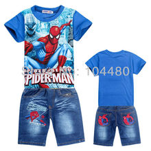 spiderman boys clothing set 2015 summer kids short sleeve tops tees t shirt denim jean clothes