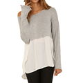 2016 New Spring Autumn Women Long Sleeve Slash Neck Stitching Chiffon T shirt Plus Size Female