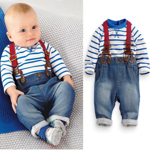 Hot Baby Boys Sets Toddler 2PCS Set T shirt Top Jeans Bib Pants Overall Outfis Baby