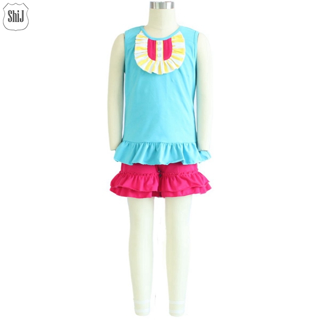 ShiJ 2015 summer style cotton girl bib t shirt with ruffles shorts 2pcs set summer baby