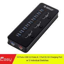 ORICO H10C1-U3-BK USB 3.0 10-Port HUB with 5V 2.1Amps Charger, Come with 12V4A Power Adapter and 3 Sets ON/OFF Switches