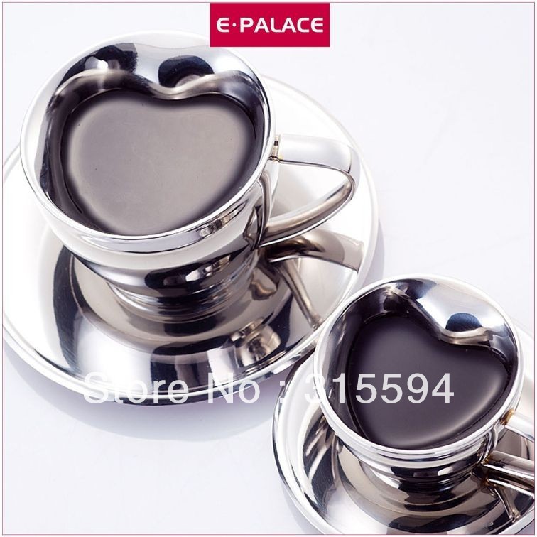 Hot selling High quality 70ml Double Wall Stainless Steel Coffee Cup Saucer in heart shape G35007S