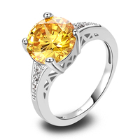 Wholesale Cocktail Jewelry Ring Round Cut Citrine & White Sapphire 925 Silver Ring Size 6 7 8 9 10 11 12