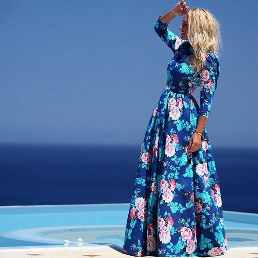 New Arrival Fall 3/4 Sleeve Floral Butterfly Printed Blue Long Maxi Dress Party Dress Long Dress 150804WG01