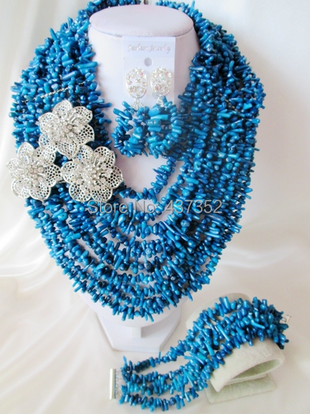 Fabulous Nigerian Wedding Coral Beads African Jewelry Set Navy blue Necklace Bracelet Earrings Set Free Shipping CWS-566