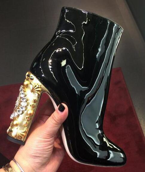 black patent leather boots with clear heel