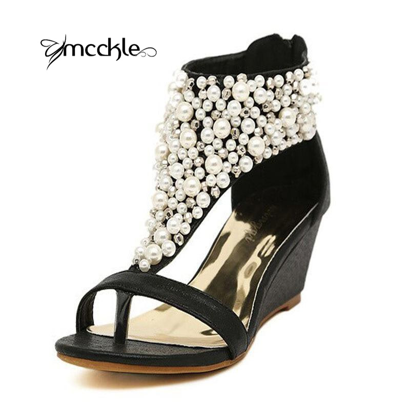 2016 New Summer open toe Rhinestone zipper pearl beaded wedges sandals